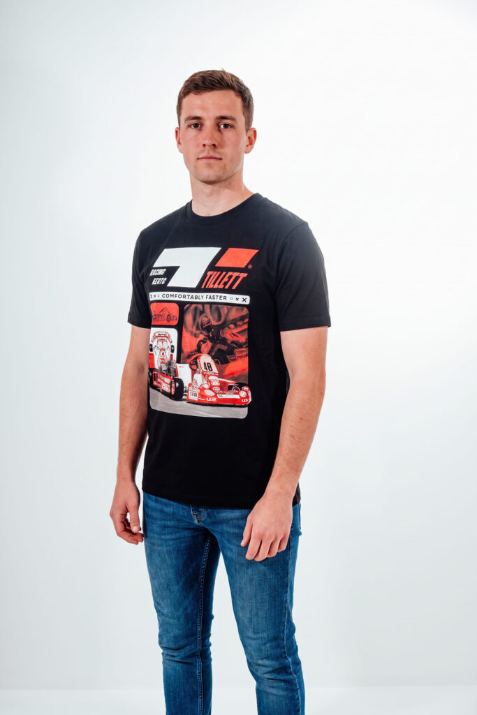 Black Club 90's Tillett Racing Seats T-Shirt side on.