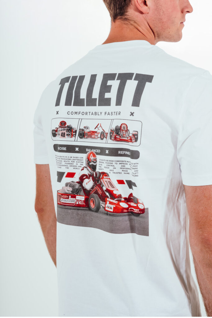 Close up of Tillett Racing Seats White Club 90's T-Shirt - back.